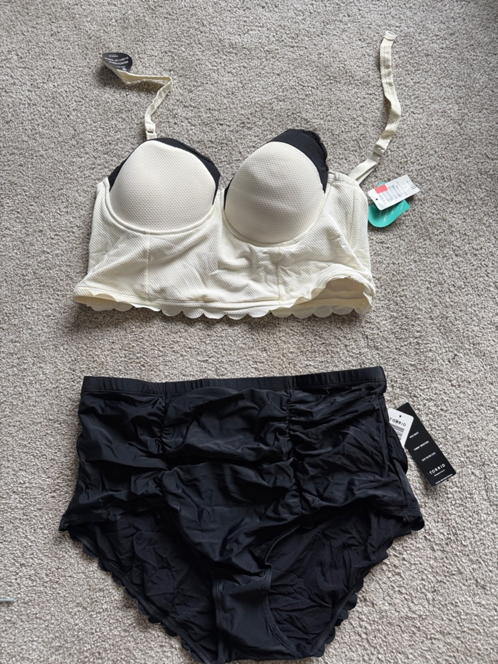 torrid Cream Longline Bikini Top with Black High-Waist Bottoms